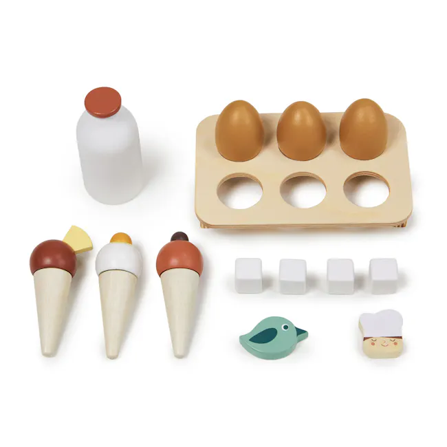 Tender Leaf Toy Kitchen - Refrigerator - 6 - Wooden egg-shaped utensils, brown egg, wooden egg carton, wooden egg tray