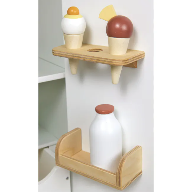 Tender Leaf Toy Kitchen - Refrigerator - 8 - Wooden shelf, white and brown objects, small white bottle, wooden shelf