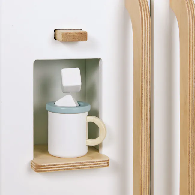 Tender Leaf Toy Kitchen - Refrigerator - 7 - Wooden shelf, white refrigerator, small cabinet, wooden handles, wooden shelf
