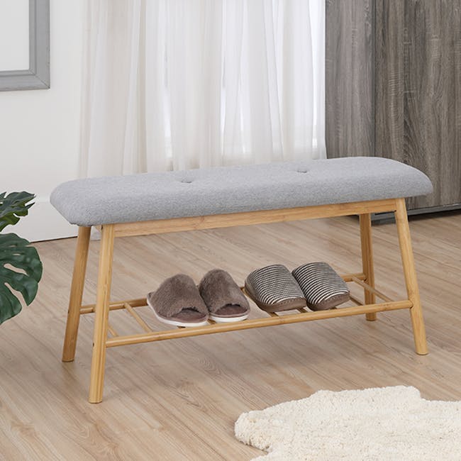 Jassi Shoe Rack Bench 0.9m - 7 - Wooden bench with gray cushion, slatted wooden legs, light wooden frame, light wood finish