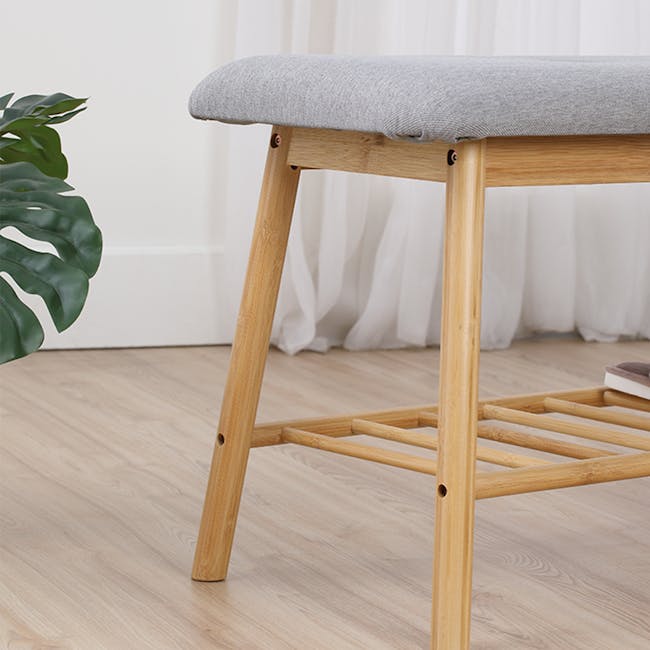 Jassi Shoe Rack Bench 0.9m - 9 - Light wood stool, light gray cushion, natural wood legs, minimalist design, modern