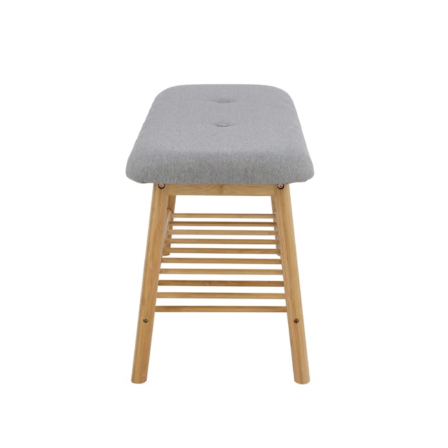 Jassi Shoe Rack Bench 0.9m - 3 - Gray upholstered stool, wooden frame, slatted backrest, minimalist design, light wood
