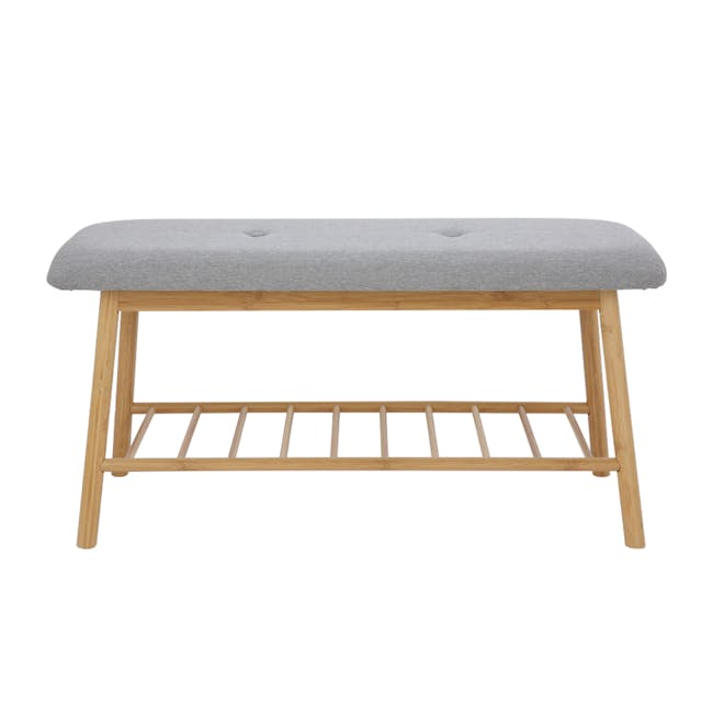 Jassi Shoe Rack Bench 0.9m - 2 - modern bench, wooden bench, bench top, gray cushion, light wood finish, minimalist bench