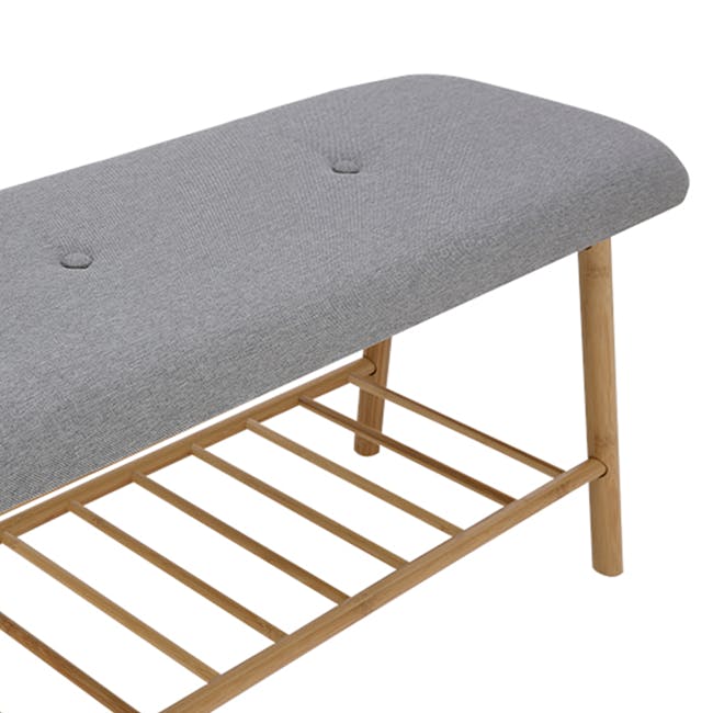 Jassi Shoe Rack Bench 0.9m - 4 - Gray upholstered bench with wooden legs, minimalist design, rectangular top, soft fabric