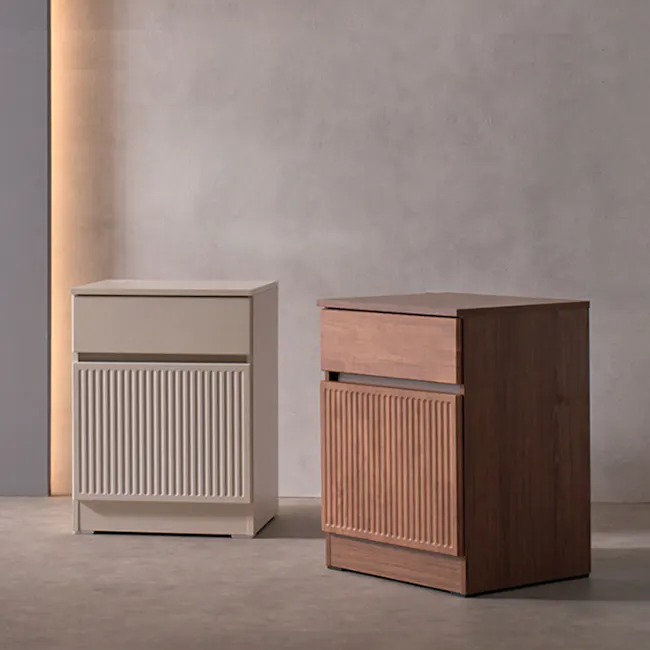 Wynn Bedside Table - Cream White - 17 - Modern minimalist design, neutral color palette, sleek furniture, vertical slat