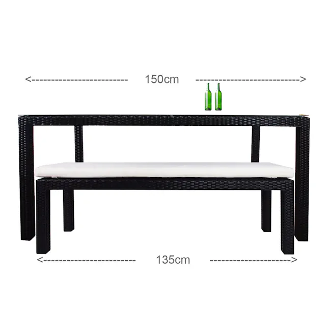 Bondi 3 Pcs Outdoor Dining Set - White Cushion - 5 - Wicker outdoor bench, 150 cm height, 135 cm width, black frame, white