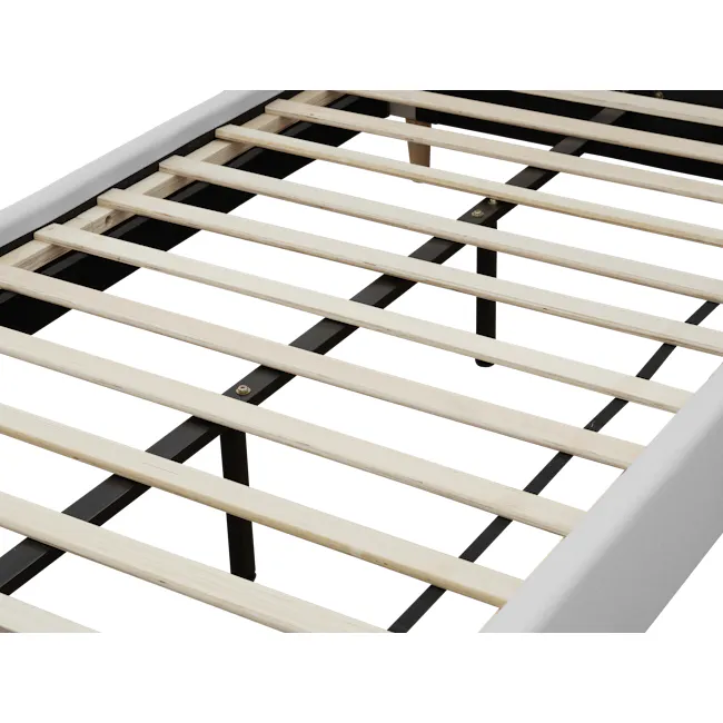 Nolan Queen Bed in Silver Fox with 2 Miah Bedside Table in White - 8 - Wooden slats, black metal frame, light wood finish