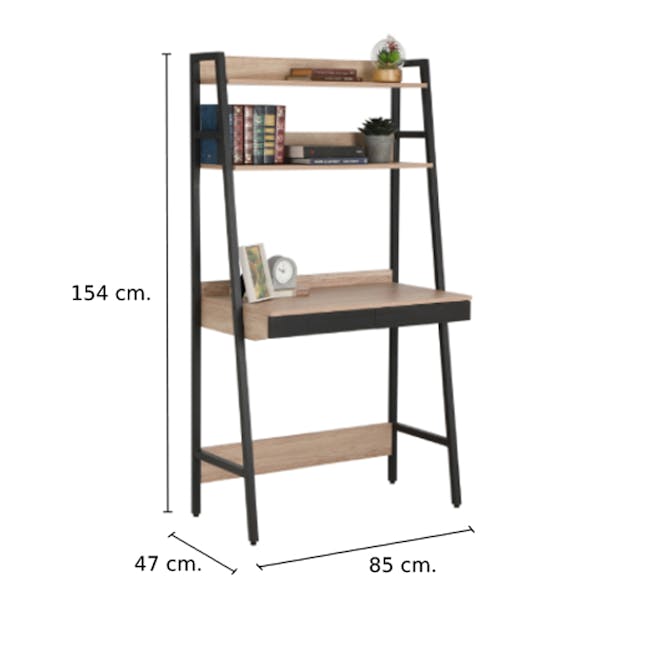 Vivian Study Table 0.8m - 8 - - Black metal ladder shelf, 154 cm height, 47 cm width, 85 cm depth, 3 shelves, 2