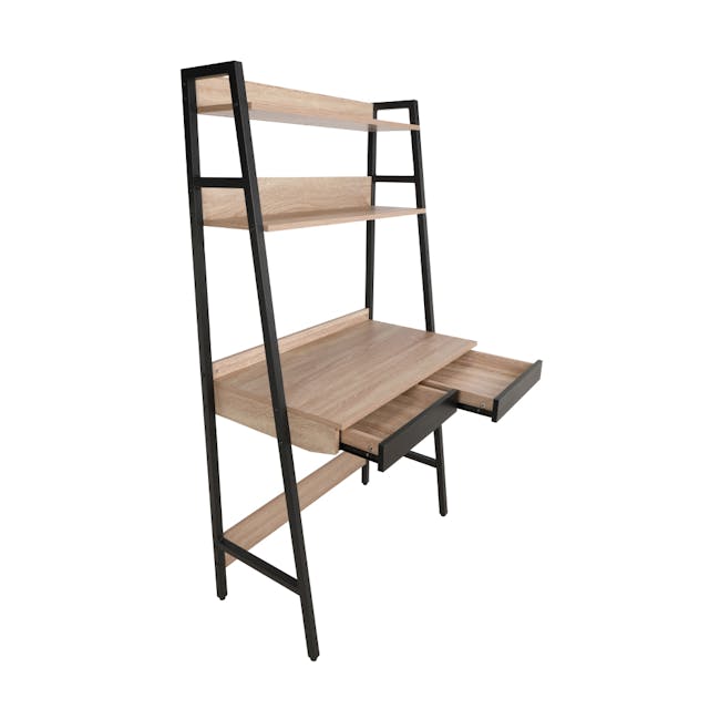 Vivian Study Table 0.8m - 4 - Wooden shelf with black metal frame, minimalist design, open shelving, modern aesthetic