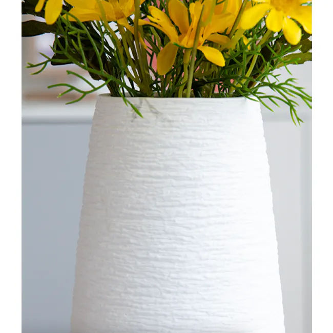 Leana Tall Ceramic Vase - 3 - vase, yellow flowers, green stems, textured surface, minimalist design, natural beauty, fresh