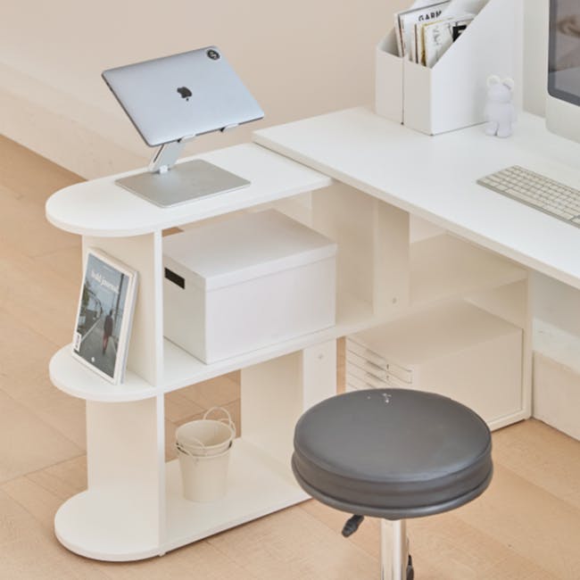 Andy Study Table with 2 Tier Shelf - 5 - white shelving unit, minimalist design, modern workspace, open shelf, white desk