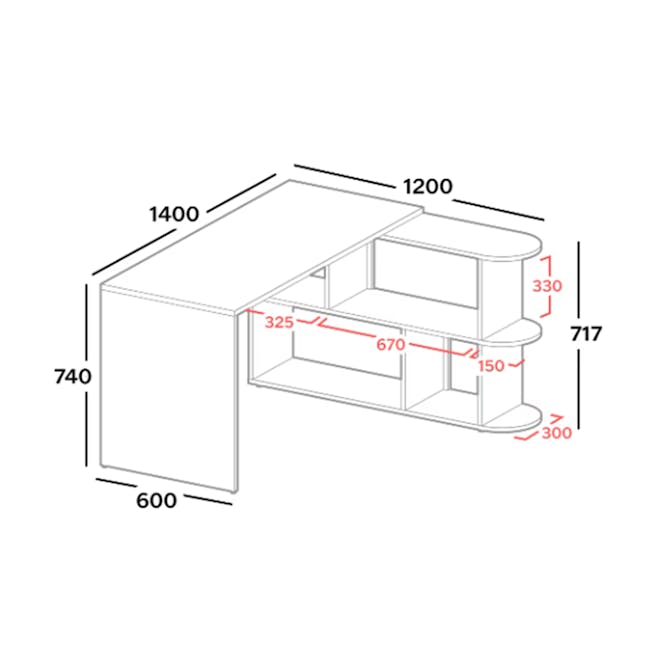 Andy Study Table with 2 Tier Shelf - 9 - Dimensions, structure, shelving, compartments, shelves, dimensions, shelving units