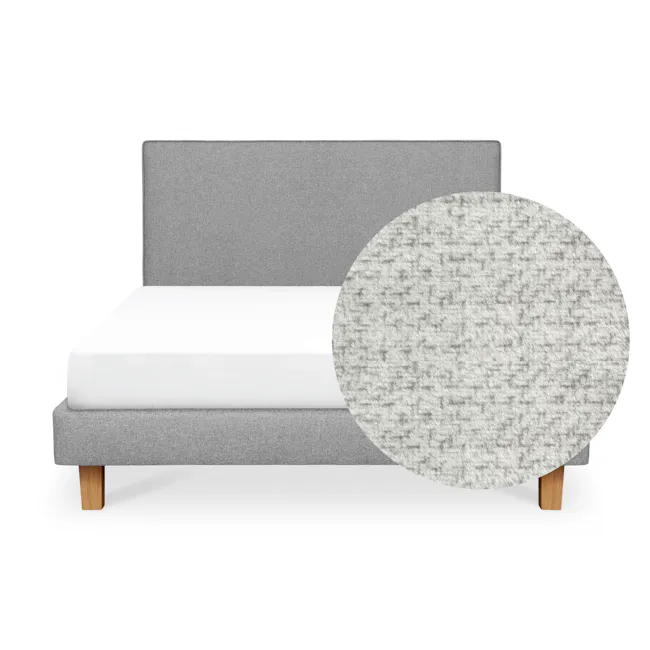 ESSENTIALS Queen Headboard Divan Bed - Linen (Pet Friendly) - 1 - Grey upholstered bed with wooden legs, white mattress