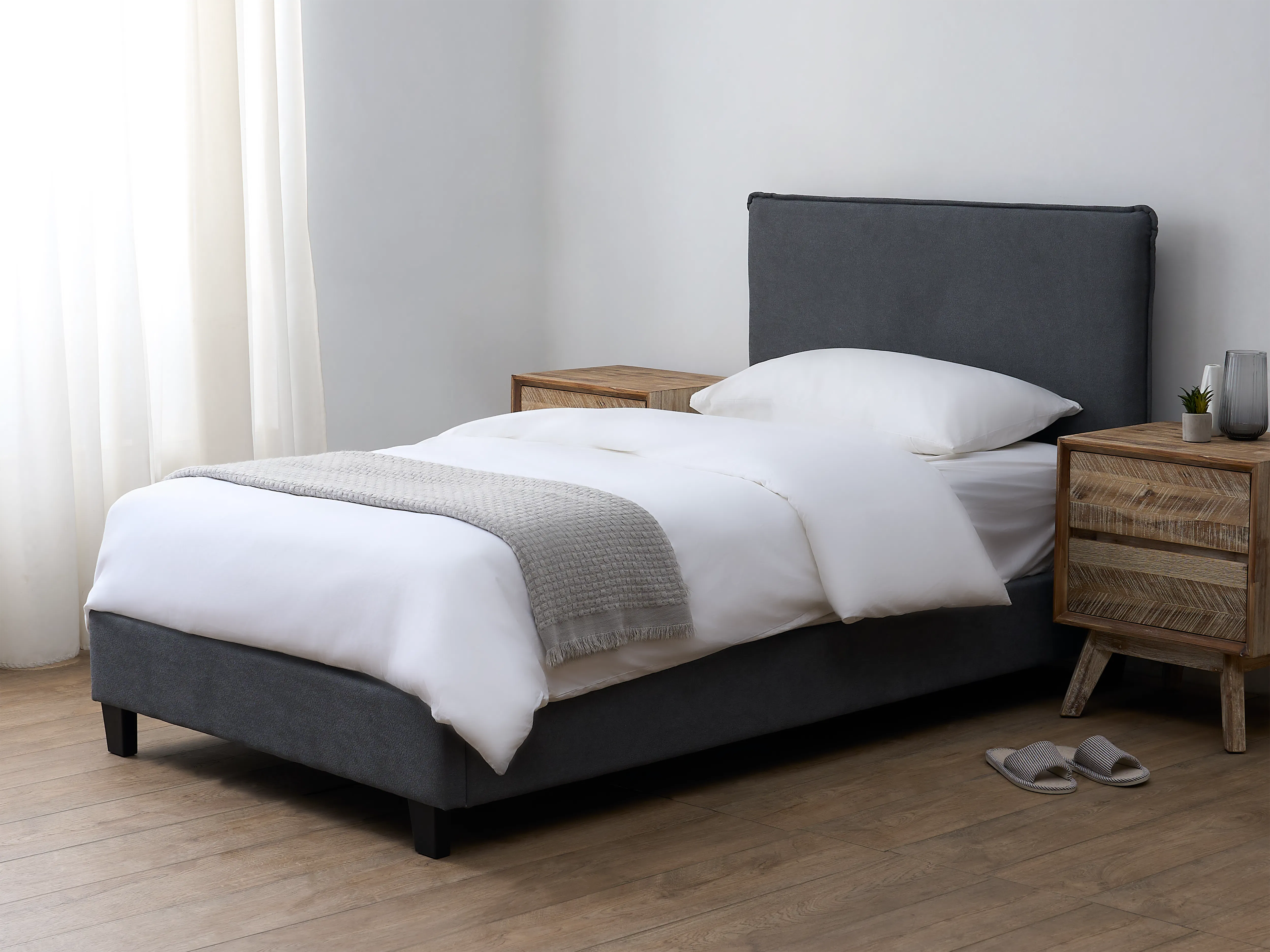 Arthur Queen Divan Bed in Urban Grey with 2 Herschel Bedside Table in Walnut - 9 - White bed with gray headboard, wooden