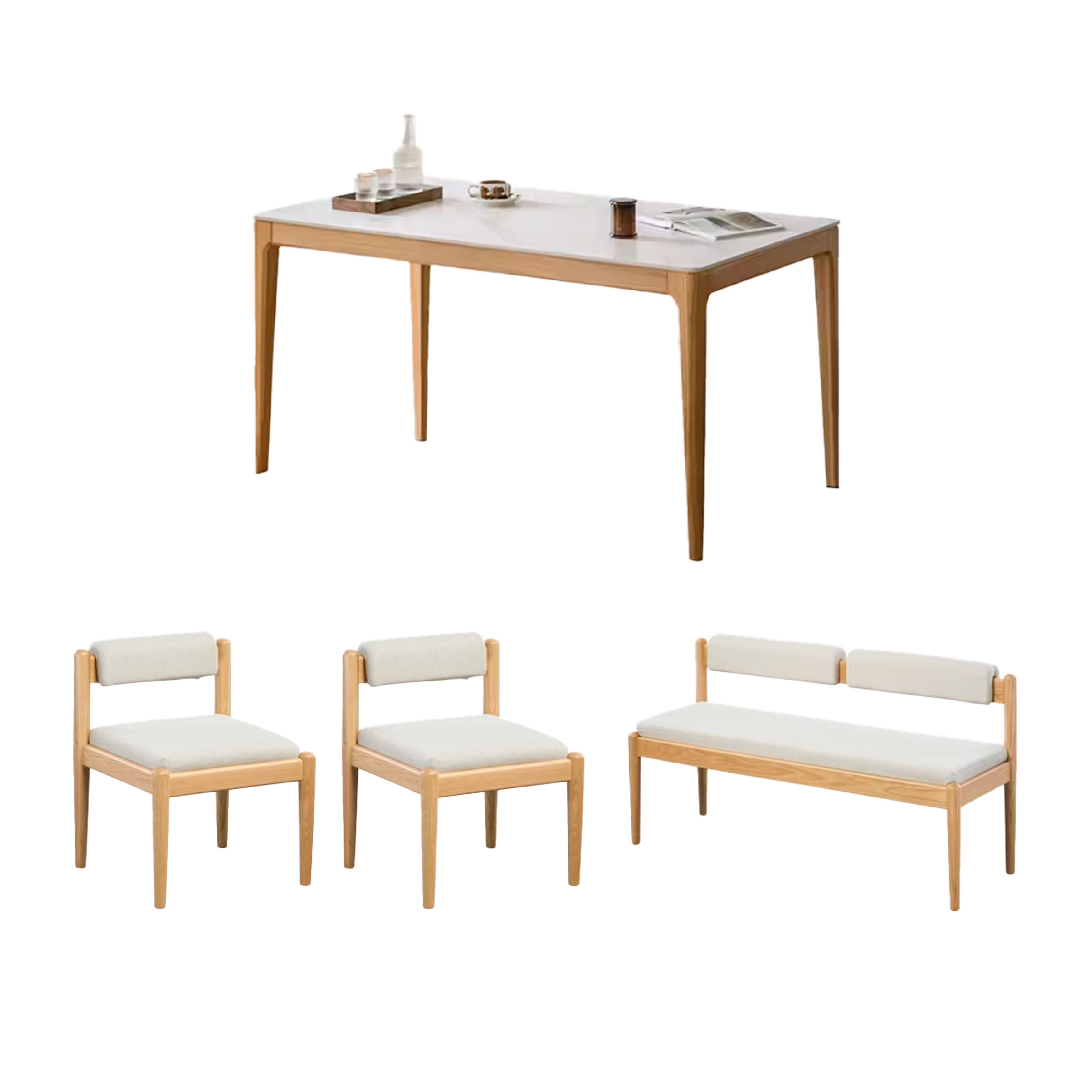 Adelyn Dining Table 1.2m (Sintered Stone) with 2 Niel Chairs and Niel Bench 1.05m in Oak - Adelyn Dining Table 1.2m (Sintered Stone) with 2 Niel Chairs and Niel Bench 1.05m in Oak, Gravel White