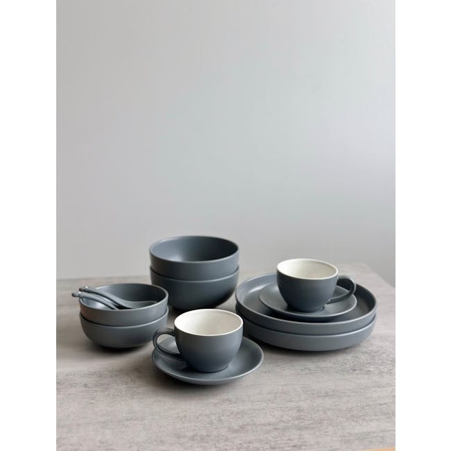 Base Piece DeTerra 12-Piece Dinnerware Set - Stone Blue - 2 - Gray ceramic bowls, gray ceramic cups, gray ceramic saucers