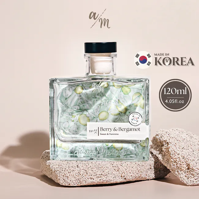 Aroma Matters Reed Diffuser - Berry & Bergamot (2 Sizes) - 7 - Clear glass bottle, mint green botanical design, "Made in