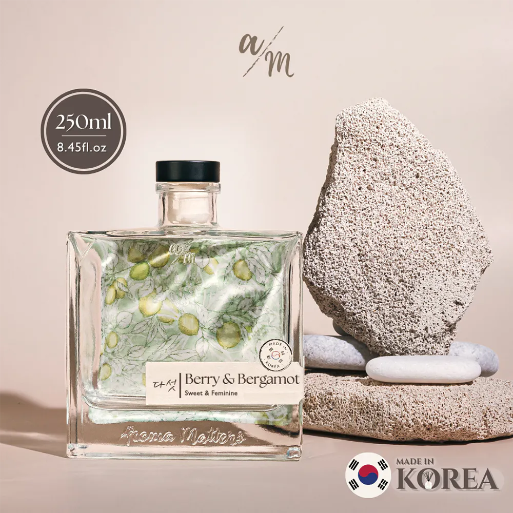 Aroma Matters Reed Diffuser - Berry & Bergamot (2 Sizes) - 9 - Glass perfume bottle with green floral design, 250ml