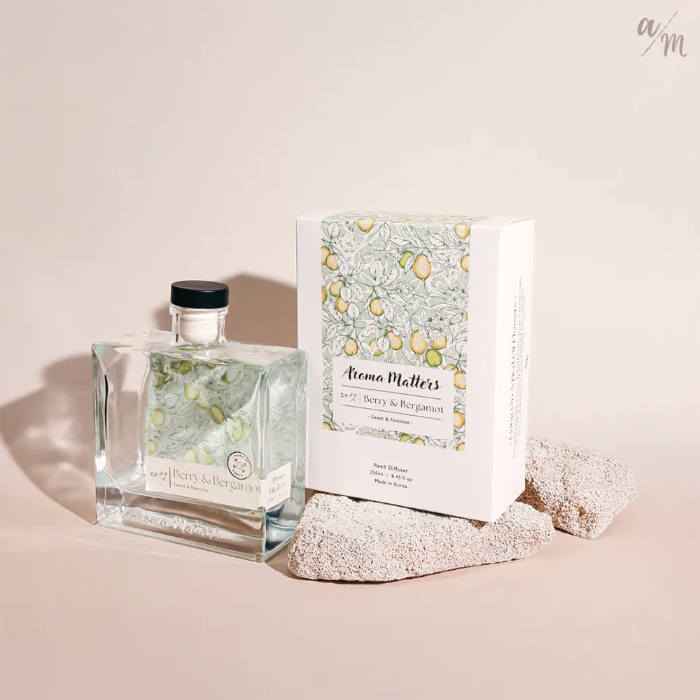 Aroma Matters Reed Diffuser - Berry & Bergamot (2 Sizes) - 10 - Clear glass bottle with black cap, labeled "Aroma Matters