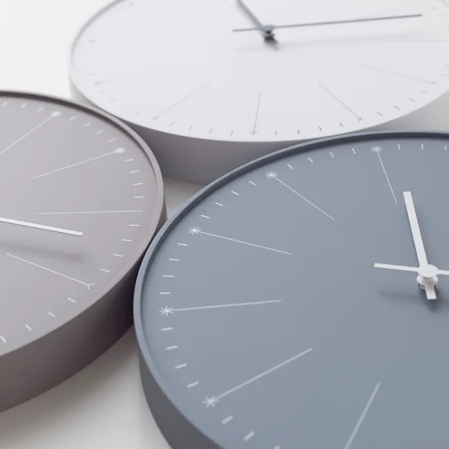 Dandelion Clock - Gray - 5 - Modern minimalist clock, abstract design, geometric shapes, stylized clock faces, circular