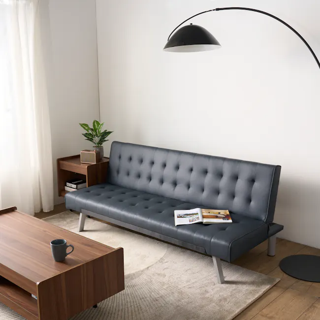 Julia 3 Seater Sofa Bed - Slate Grey (Faux Leather) - 3 - Modern living room, minimalist design, cozy atmosphere, gray
