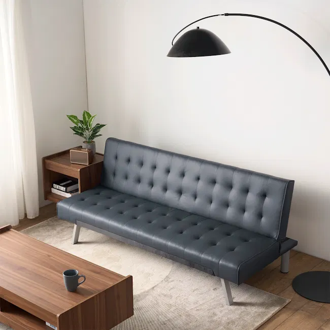 Julia 3 Seater Sofa Bed - Slate Grey (Faux Leather) - 2 - Modern living room, minimalist design, gray tufted sofa, wooden