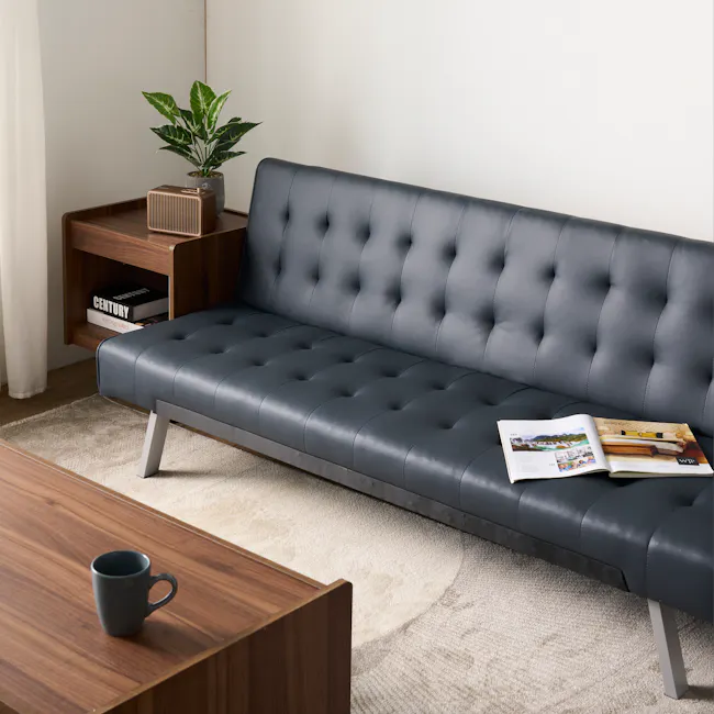 Julia 3 Seater Sofa Bed - Slate Grey (Faux Leather) - 7 - Modern living room, cozy sofa, dark blue leather, tufted design