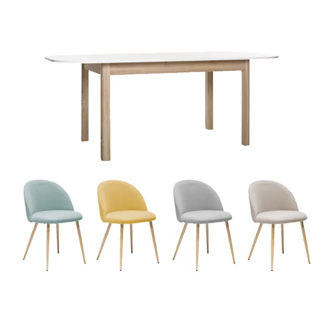 Irma Extendable Table 1.6-2m with 4 Chloe Dining Chairs in Aquamarine, Sunshine Yellow, Wheat Beige and Pale Grey - 0