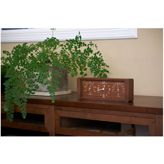 Yokan Clock - Brown - 2 - Wooden clock, green plant, indoor setting, wooden shelf, natural wood finish, minimalist design
