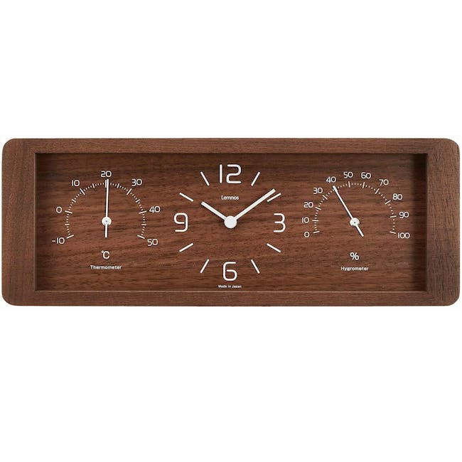 Yokan Clock - Brown - 1 - Thermometer, temperature gauge, wooden frame, analog clock, Japanese-made, Celsius and Fahrenheit