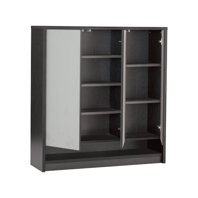 Harvey 3 Door Shoe Cabinet - Black, Grey - 3 - Modern open shelving unit, minimalist design, dark wood finish, sleek lines