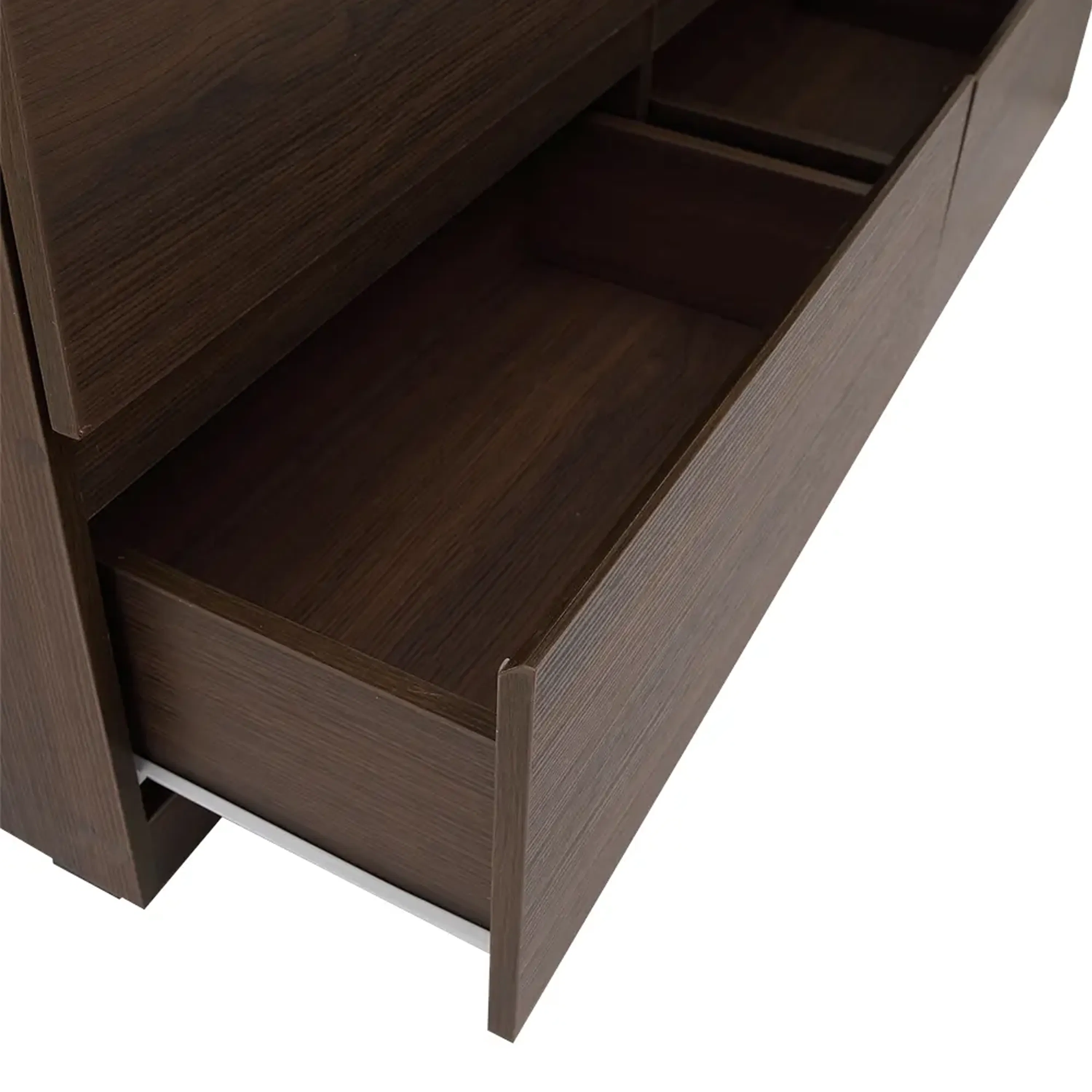 Veda 6 Drawer Chest 1.2m - Walnut - 9 - Wooden shelf with clean lines, dark brown finish, open compartments, minimalist