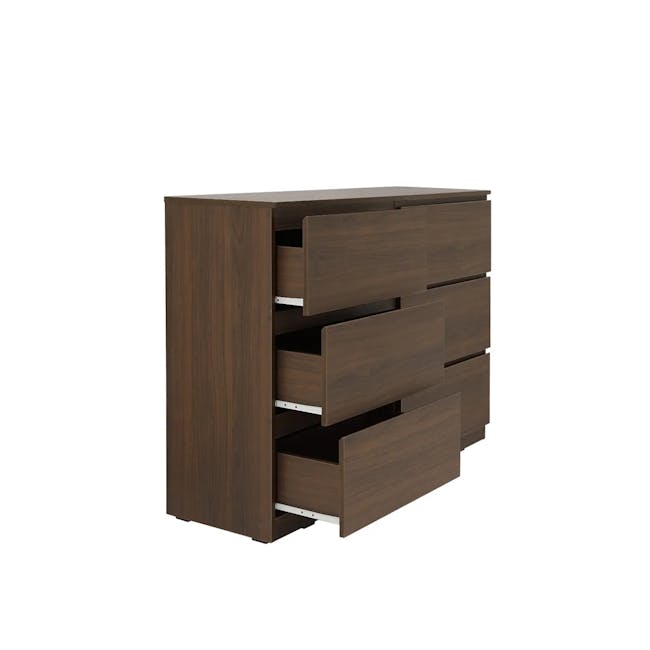 Veda 6 Drawer Chest 1.2m - Walnut - 4 - Wooden desk with multiple drawers, sleek design, dark wood finish, modern aesthetic