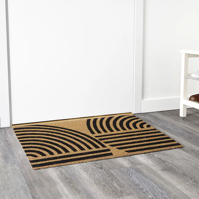 Noddy Coir Door Mat - 2 - modern entryway, stylish doormat, textured rug, geometric design, black and gold pattern, wooden