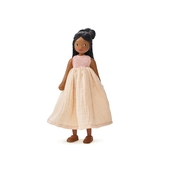 Tender Leaf Lola Wooden Doll - 1 - doll, girl, black hair, pink dress, wooden feet, sleeveless top, long skirt, brown shoes