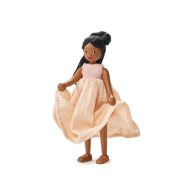 Tender Leaf Lola Wooden Doll - 6 - doll, girl, brown hair, black hair, knit dress, peachy dress, wooden doll, brown shoes