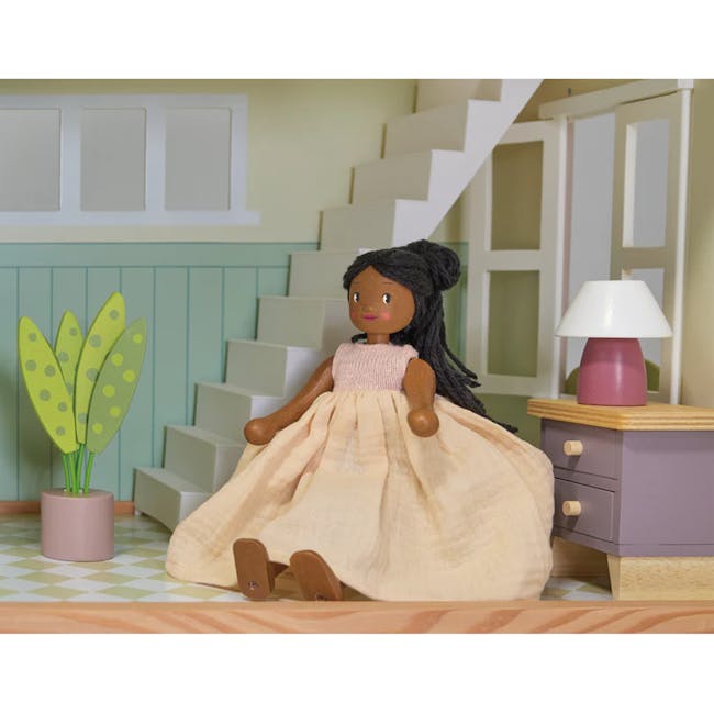 Tender Leaf Lola Wooden Doll - 7 - doll, black hair, beige dress, green polka dot plants, light blue walls, white staircase