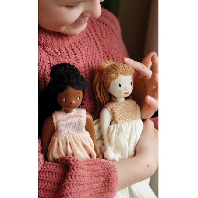 Tender Leaf Lola Wooden Doll - 4 - Soft, cozy, pink knitted sweater, doll with black hair, doll with blonde hair, hand