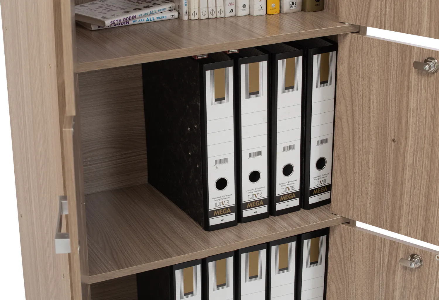 Naya 10 Door Cabinet - Ebonnese - 12 - Wooden file cabinet, open shelf, neatly organized files, black and white binders
