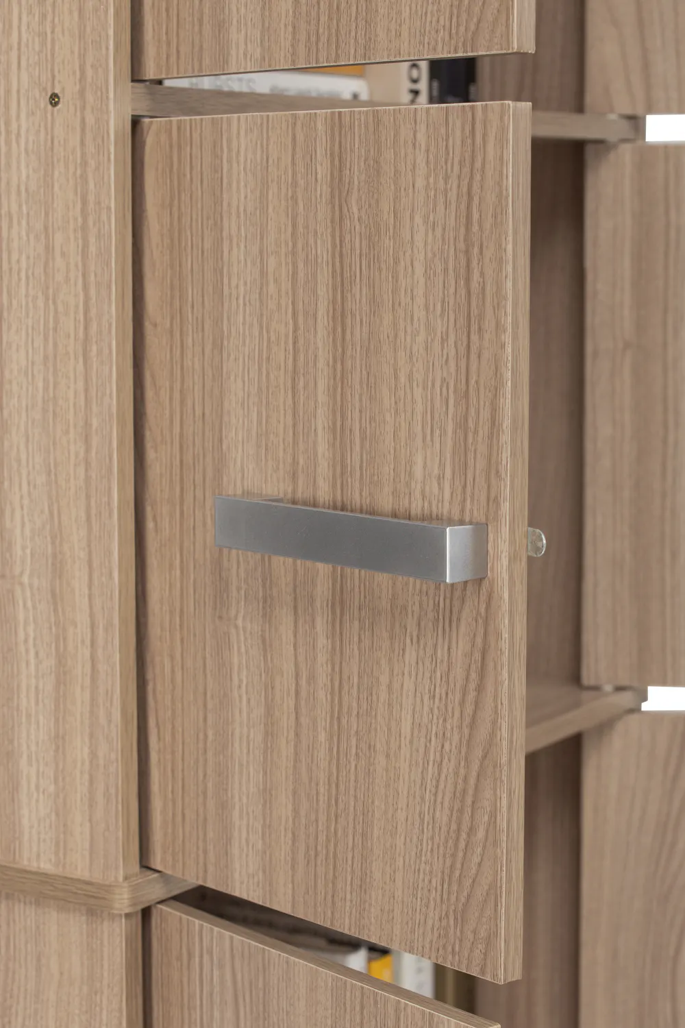 Naya 10 Door Cabinet - Ebonnese - 10 - Wooden cabinet with metallic handle, open drawer, wooden texture, modern design