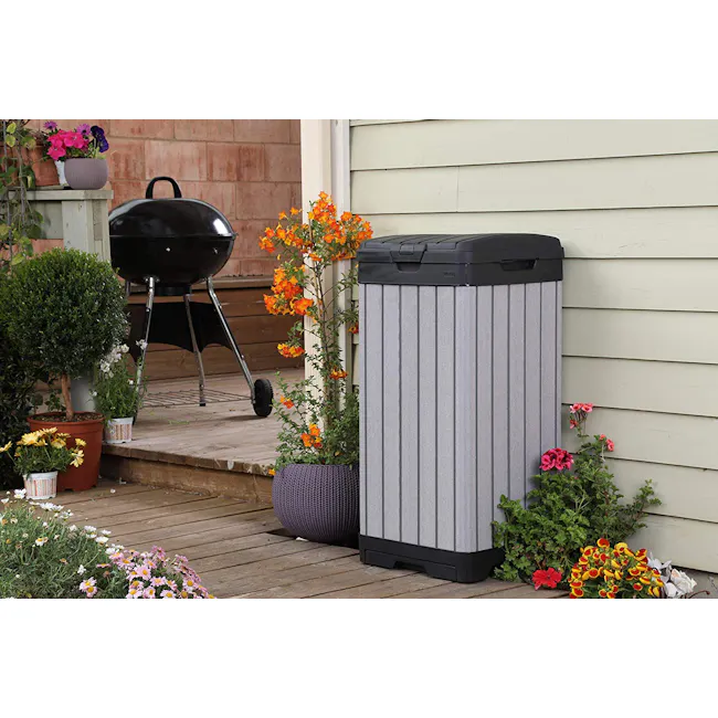 Rockford Outdoor Bin 124L - Black - 5 - Grill, outdoor patio, potted plants, vibrant flowers, wooden deck, garden, colorful
