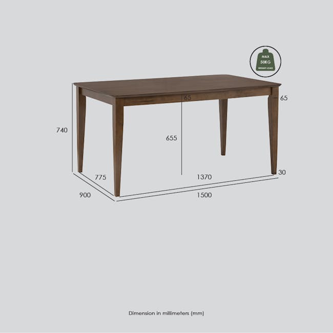 Adriel Dining Table 1.5m - Cocoa - 7 - Wooden table, 65mm height, 1370mm wide, 900mm depth, 775mm length, 655mm width