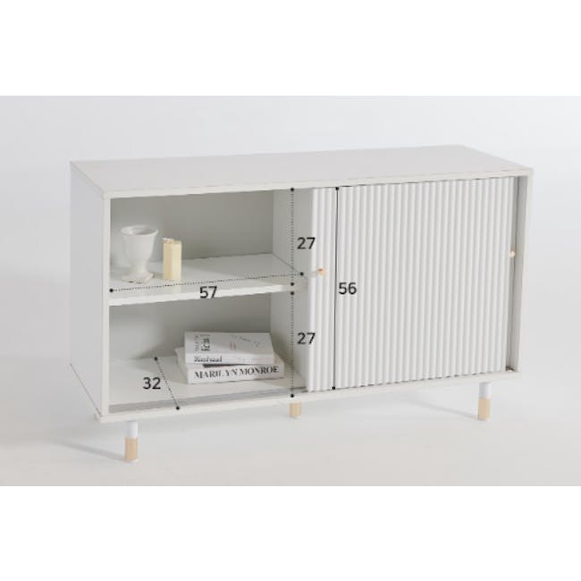Jenny Sideboard 1.2m - 7 - White cabinet with vertical slats, open shelves, numbered sections (57, 56, 32, 27), minimalist
