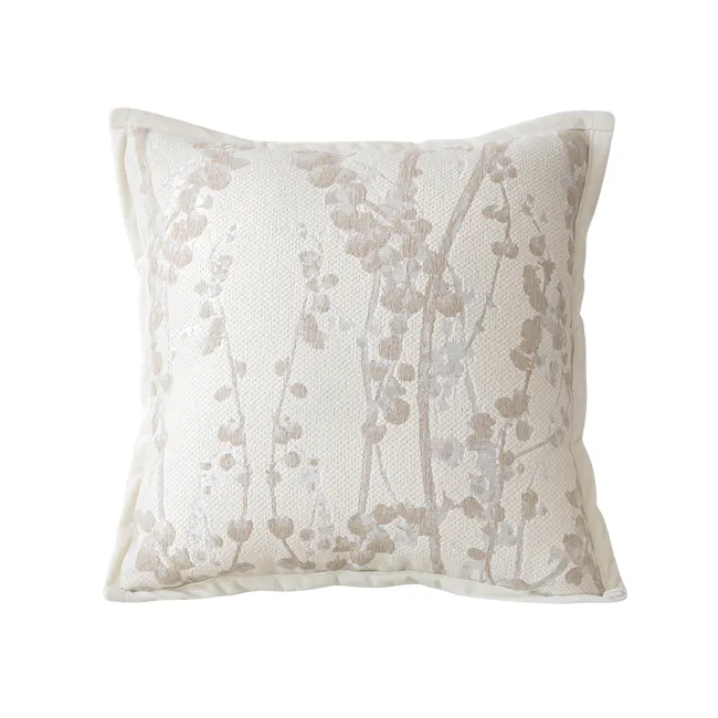 Penny Floral Brocade Cushion - Ivory - 1 - Lace-patterned pillow, beige and brown floral design, soft texture, elegant