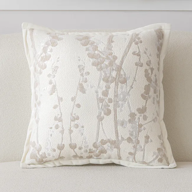 Penny Floral Brocade Cushion - Ivory - 12 - Floral-patterned, textured fabric, soft beige, delicate lace, elegant design