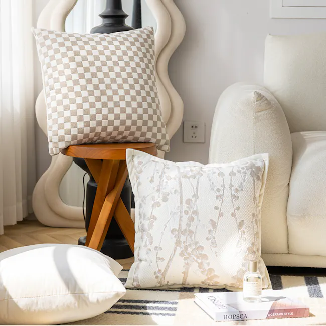Penny Floral Brocade Cushion - Ivory - 3 - Cream and beige checkered pillow, white floral pillow, wooden stool, beige
