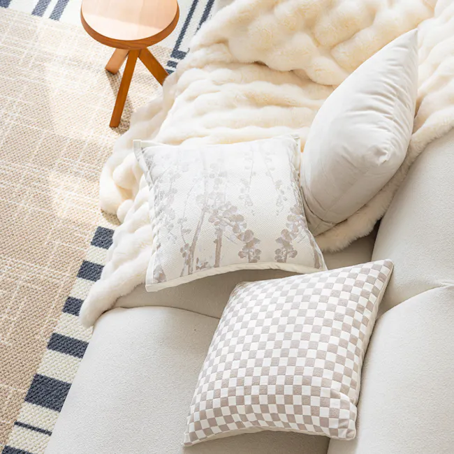 Penny Floral Brocade Cushion - Ivory - 4 - Cream-colored plush throw blanket, cream-colored pillows with tree patterns