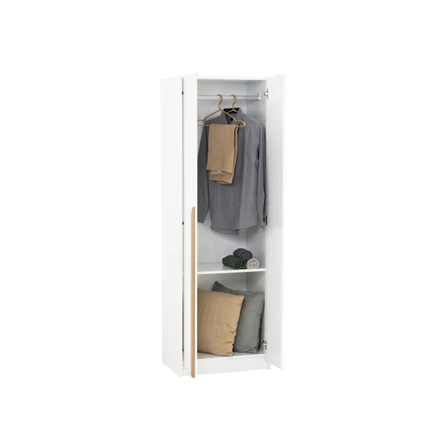 Miah 2 Door Wardrobe - Natural, White - 5 - White wardrobe with open doors, hanging clothes, gray shirt, beige scarf, folded