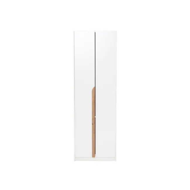 Miah 2 Door Wardrobe - Natural, White - 1 - White cabinet with wooden handle, minimalist design, clean lines, modern
