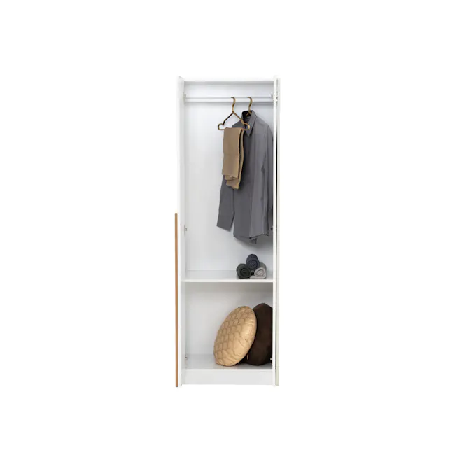 Miah 2 Door Wardrobe - Natural, White - 2 - White wardrobe with clothes hanging, neatly folded shirts, rolled-up towels